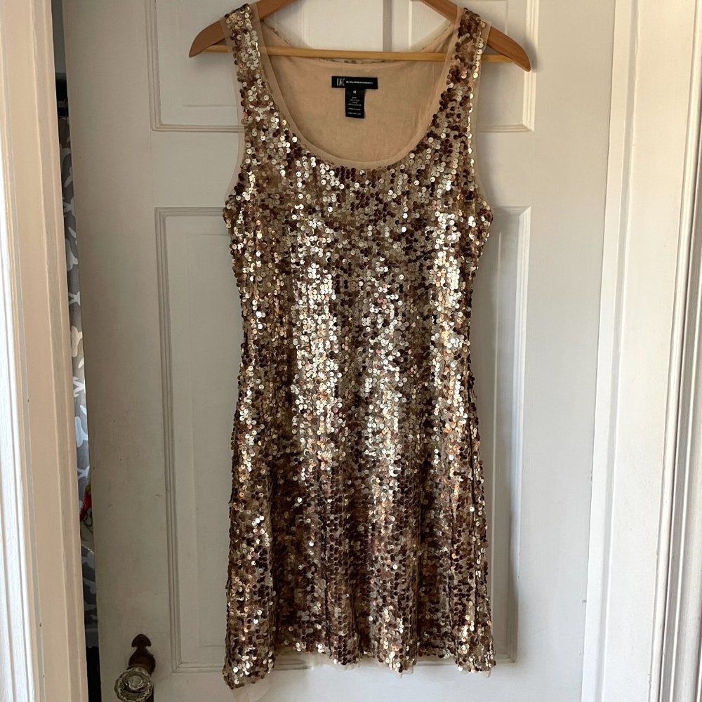 INC International Concepts Gold Sequin Sleeveless Tulle Lined Dress Size M